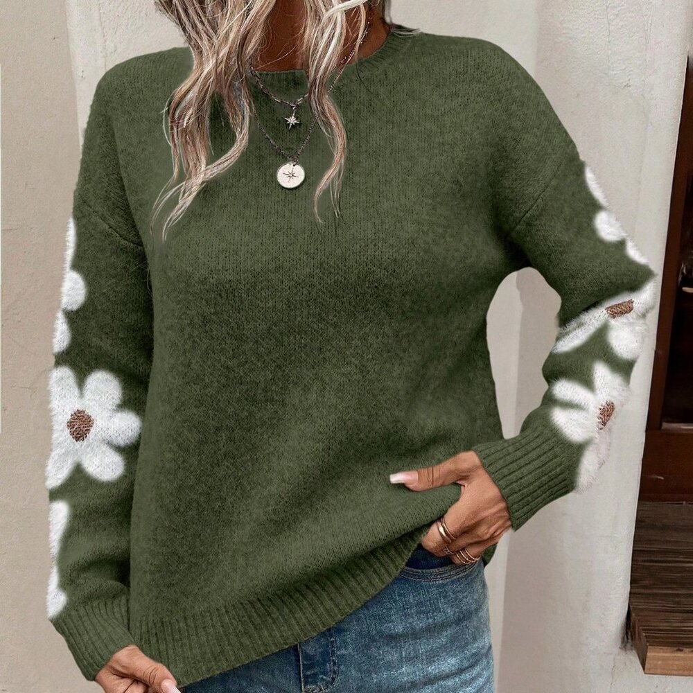 Green Casual Women's Floral Drop Shoulder Sweater Sleeve Knit Pullover Christmas